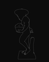 Poster - A black and white silhouette of a boy holding a bowl of fruit stands out against a dark background. The contour highlights the sculpture-like simplicity of the figure.
