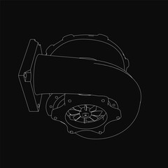 Poster - A black and white contour drawing of a turbine fan stands out against a dark background. The crisp white outline creates striking contrast, emphasizing the fan's sleek design.