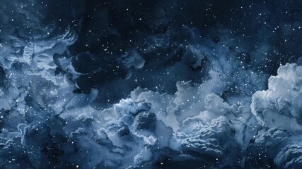 Poster - A dark blue night sky with puffy white clouds and twinkling stars