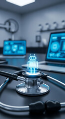 Poster - Futuristic medical concept of ai robot stethoscope and digital healthcare technology displayed