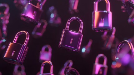 Poster - Floating metallic padlocks illuminated with vibrant neon lights against a dark background