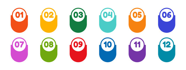 Fototapete - Icon template multicolored bullet point markers with numbers from one to twelve. Brightly colored flag markers.Vector flat illustration , isolated on white background