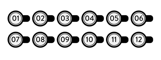 Fototapete - Set of black and white markers with numbers from zero to twelve. Monochrome circles and numbers. Set of markers with numbers. Vector flat icons isolated on white background.