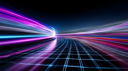 Fototapete - Vibrant Neon Grid with Dynamic Light Trails