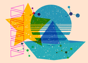 Poster - Risograph paper ship with geometric shapes. Objects in trendy riso graph print texture style design with geometry elements.