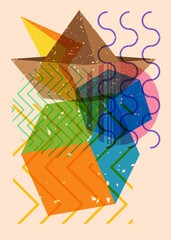 Poster - Risograph paper ship with geometric shapes. Objects in trendy riso graph print texture style design with geometry elements.