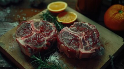 Aufkleber - Freshly cut steaks served with a fragrant sprig of rosemary, perfect for a gourmet meal or food styling