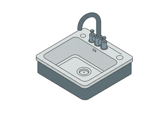 Poster - Isometric illustration of a square gray sink with faucet and two handles on a white background