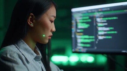 Asian woman coding in a dark room with green lighting and a computer screen showing code lines