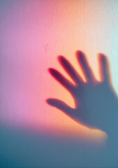 Aufkleber - Shadow of hand on pastel wall, soft gradient background with pink, purple, and blue hues, creating calm and dreamy atmosphere