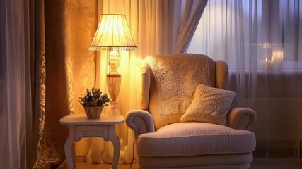Poster - A single white chair sits next to a table with a lamp, providing warm lighting