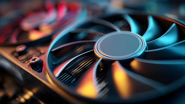 Close-up view of a computer graphics card fan showcasing intricate design and vibrant lighting, emphasizing technology and performance in computing.