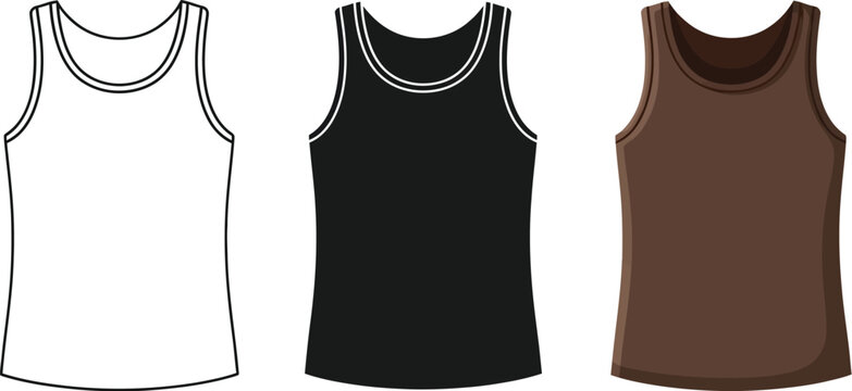 Three tank tops are displayed in a row, showcasing a white outline, a solid black, and a brown version, ideal for fashion design mockups and apparel presentations.