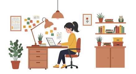 Poster - Cozy home office with young woman working and organizing notes