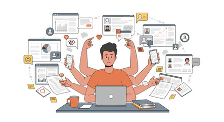 Poster - Overwhelmed worker multitasking on digital devices in busy office environment