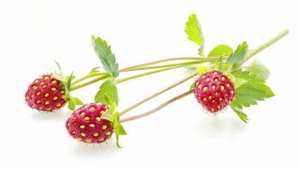 Poster - Fresh strawberries with green leaves arranged on a white background, perfect for food or still life photography