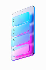Poster - Close up of a tablet with four rectangular translucent panels in blue and pink on a white background