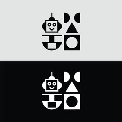 Poster - A playful robot icon stands beside geometric shapes, creating a whimsical and modern design perfect for a childrens brand or tech startup