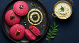 Top-down flatlay of vibrant pink beetroot idlis on a dark plate with fresh curry leaves and a side of creamy coconut chutney