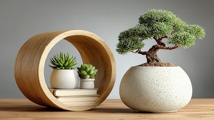 Poster - Wooden display shelf with potted plants and bonsai.