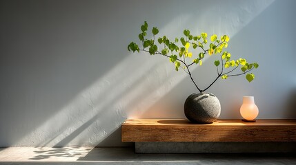 Poster - A potted plant arrangement on a wooden shelf against a light gray wall.