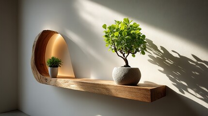 Poster - Wooden wall shelf with a potted plant.