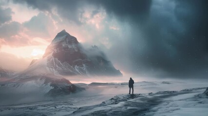 Aufkleber - A person stands on the summit of a snowy mountain, with breathtaking views