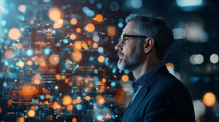 Poster - Innovative business strategy urban office digital art nighttime profile view data-driven concepts