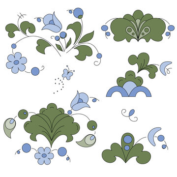 A set of vector decorative patterns in folk style with green leaves and flowers on a white background.
