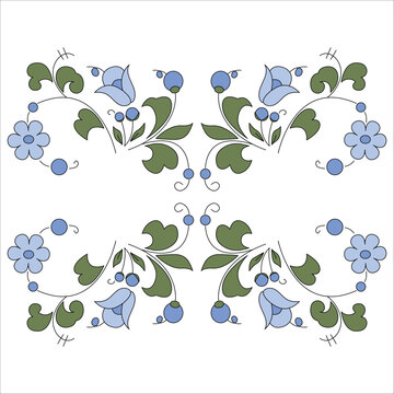 Vector decorative patterns in folk style with green leaves and flowers on a white background.