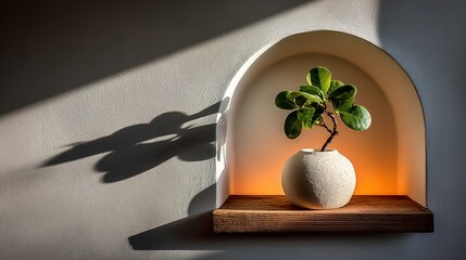 Poster - Sunlight casts a shadow of a plant on a wall niche.