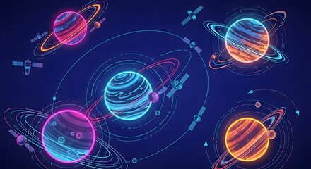 Poster - Illustration of planets with rings and orbiting satellites
