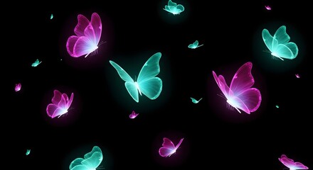 Poster - Glowing butterflies in pink and teal on a black background
