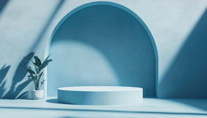 Poster - Front View Of Podium, Stand, And Deep Shadow On Blue Wall: Product Display Mockup. Achieve A Professional Look With This Setup.