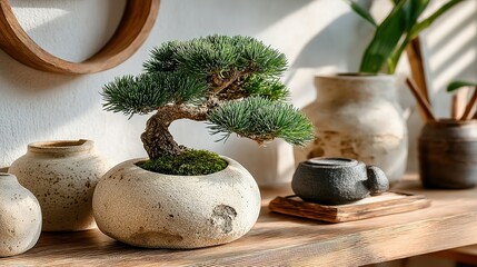 Poster - Decorative bonsai tree in a unique stone-like planter.