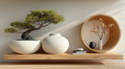Poster - Wooden shelf with bonsai tree, vases, and dried flowers.