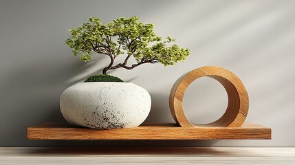 Poster - Wooden shelf with bonsai and decorative ring.