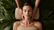 © Enrique - spa, woman has a relaxing massage, dark beige colours, big green leaves, relaxing atmosphere, massage photograph in the background