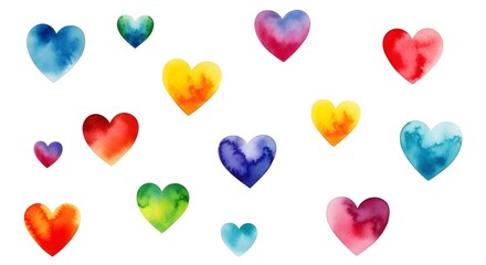 Poster - Watercolor hearts in various colors scattered on white background