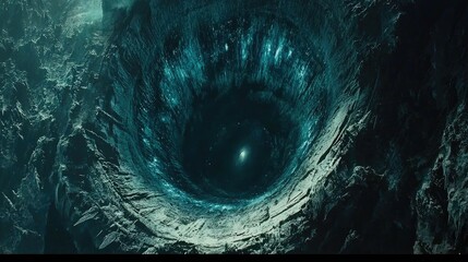 Aufkleber - Futuristic sci-fi scene with a radiant blue energy vortex pulling light particles into a deep cosmic whirlpool.
