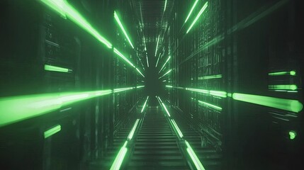 Poster - High-energy sci-fi background featuring radiant green beams cutting through darkness, creating a high-tech visual.