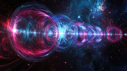 Poster - Radiant neon wave patterns in a mix of red, blue, and purple, glowing against a dark cosmic background.