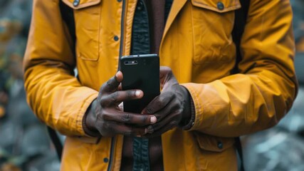 Leinwandbilder - A person holding a cell phone in a close-up shot, suitable for use in technology or communication-related contexts