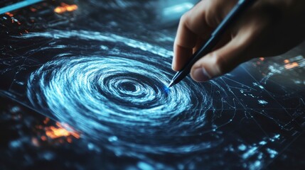 Leinwandbilder - Hand drawing swirling blue digital vortex on tablet screen.
