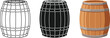 © Usama - Three barrel illustrations showcase a wooden container in different styles, including a line drawing, a solid black silhouette, and a full-color rendering, perfect for design projects.