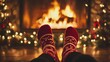 © possawat - Cozy Close-Up Shot of Festive Red Socks by a Warm Fireplace