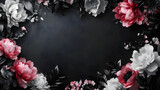 diseño de un fondo creativo color negro con espacio de copia con un marco de flores color blanco con rosa peonias rodeando el fondo elegante y delicado 