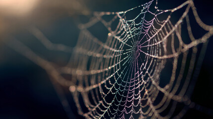 A detailed spider web glistening with dew, showcasing nature's intricate design and delicate structure, perfect for themes of nature, mystery, and artistry.