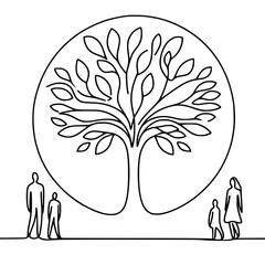 Poster - Family standing near a large tree with growing leaves in a peaceful scene  