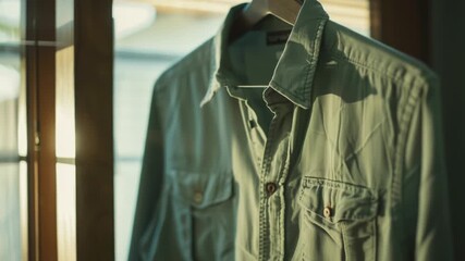 Poster - A shirt hangs from a hanger in front of a window, ready to be worn
